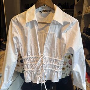 Zara White Drawstring Ruched Cotton Poplin Shirt